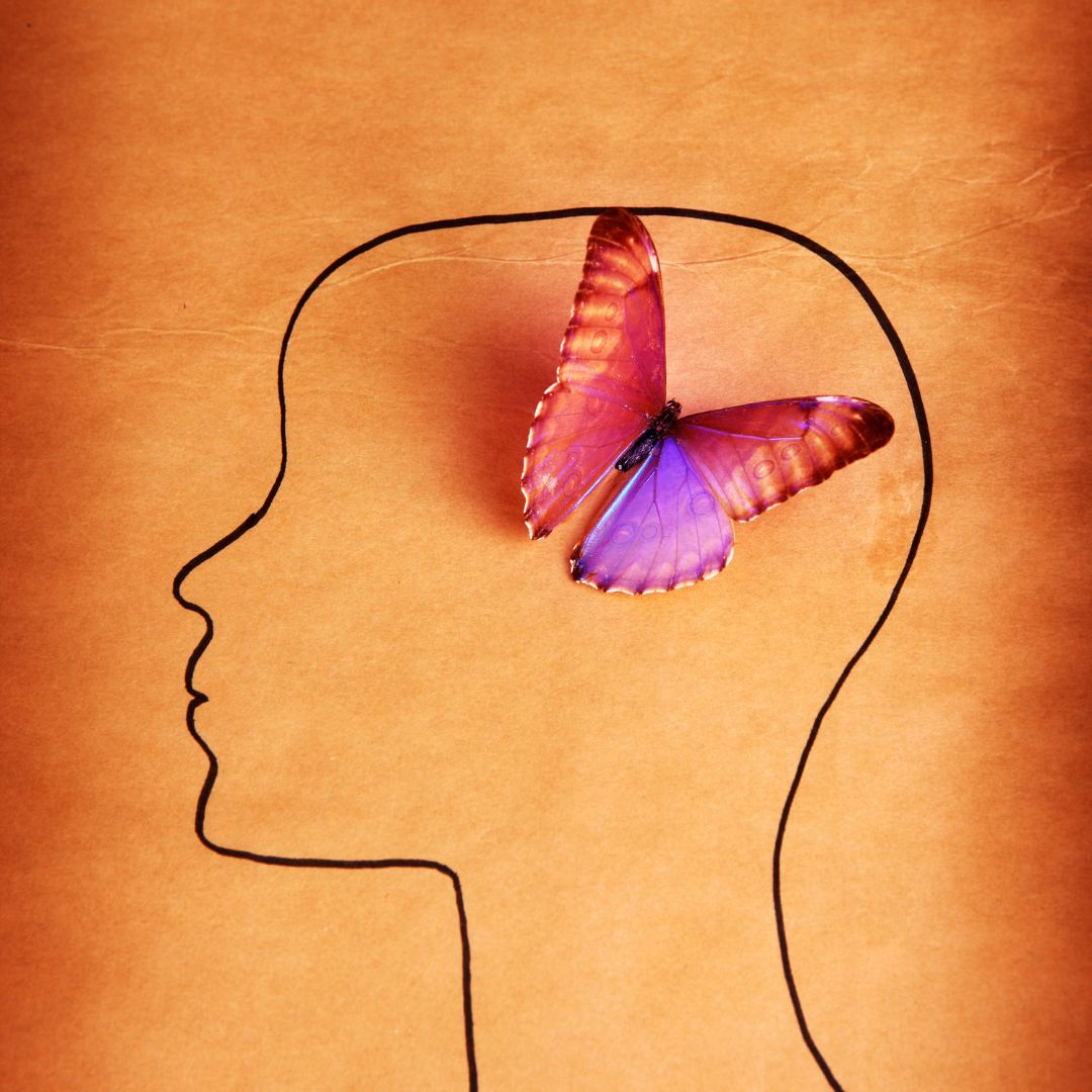 silhouette of a human head with a butterfly